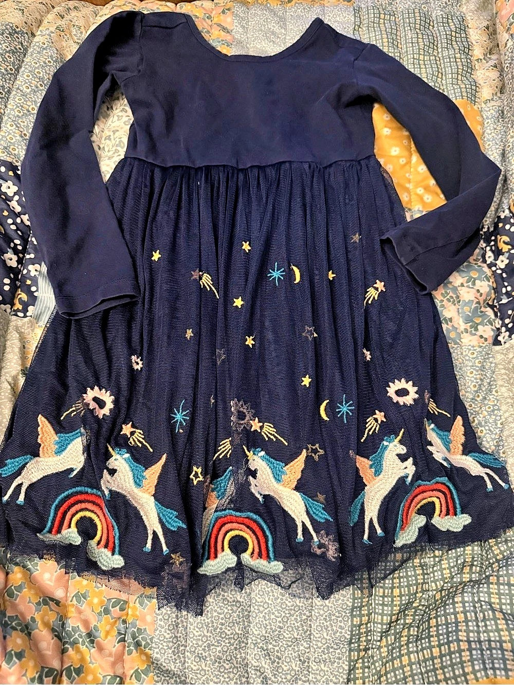 Hanna Andersson Long Sleeve Tulle Rainbow Dress Girls 5 Blue & Multicolor